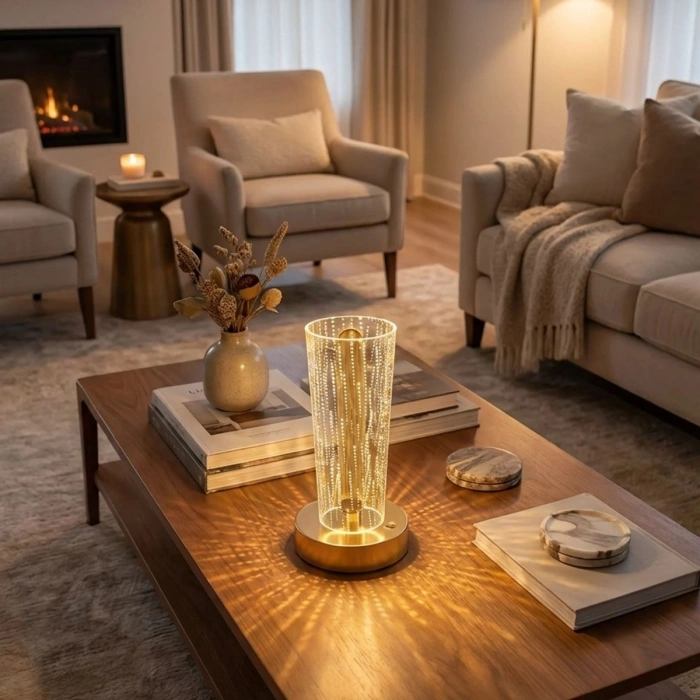Silindirik Kristal Nokta Model LED Masa Lambası – Gold Tabanlı, Dokunmatik, 3 Renk Işık Modlu, Şarjlı Modern Dekoratif Gece Lambası (5324)