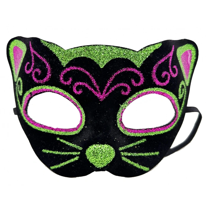 Siyah Kadife Kaplama Üzeri Pembe Yeşil Sim İşlemeli Kedi Maskesi 20x13 cm (5324)