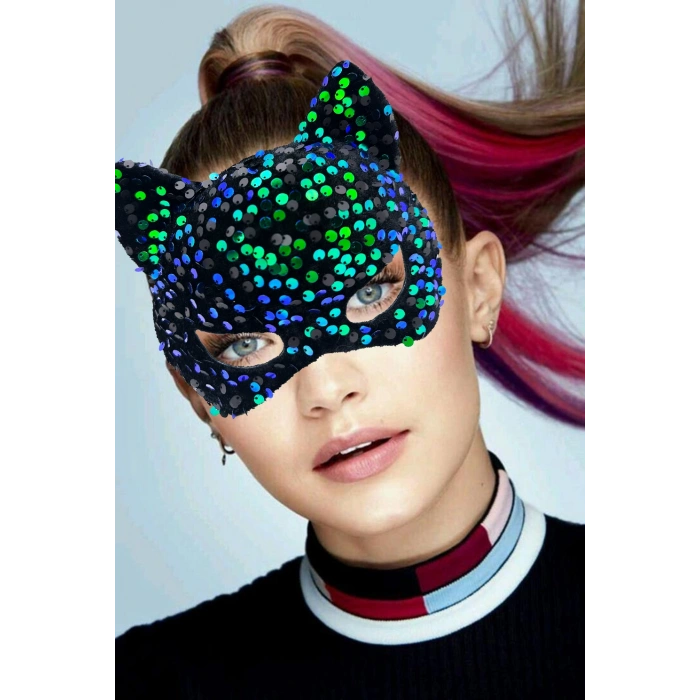 Siyah Kadife Kumaş Üzerine Mavi Yeşil Payetli Pullu Parti Maskesi 16x14 cm (5324)