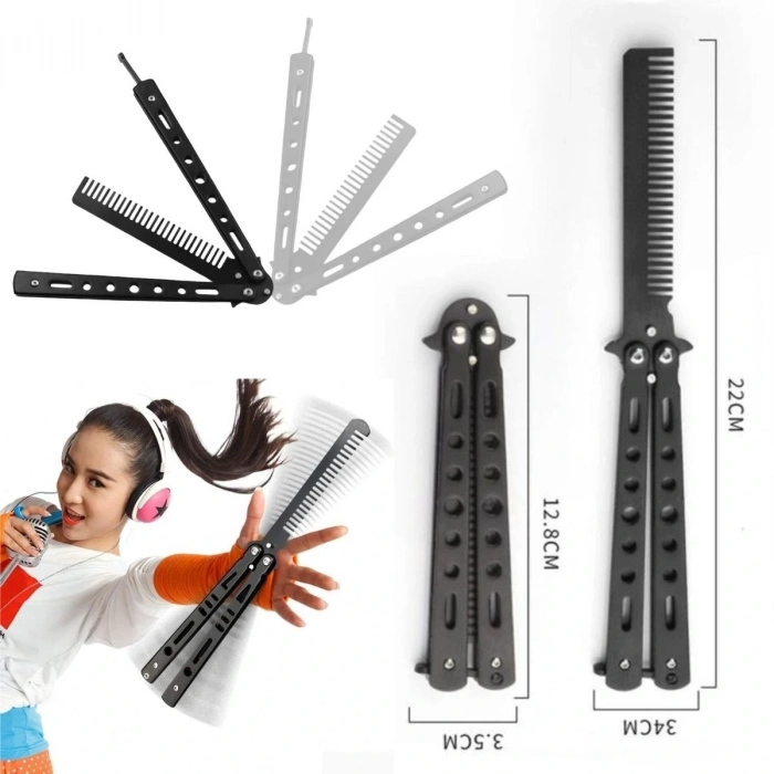 Siyah Katlanabilir Paslanmaz Çelik Kelebek Bıçak Tarak Sakal Bıyık Fırçası Profesyonel Saç Kesimi İçin Tarak (5324)