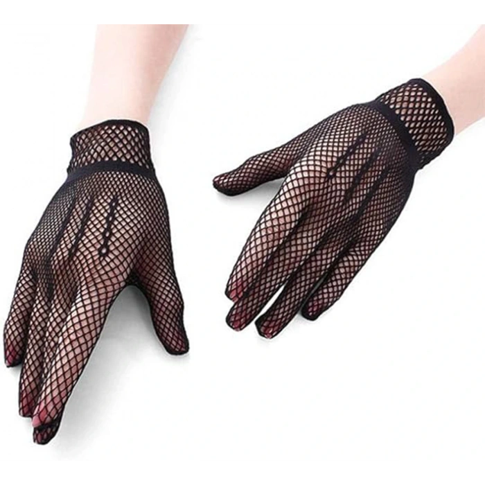 Siyah Renk Likralı File Eldiven Parmaklı Örgü Eldiven Yetişkin Boy (5324)