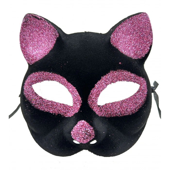 Siyah Renk Pembe Simli Süet Kaplama Kedi Maskesi 18x14 cm (5324)