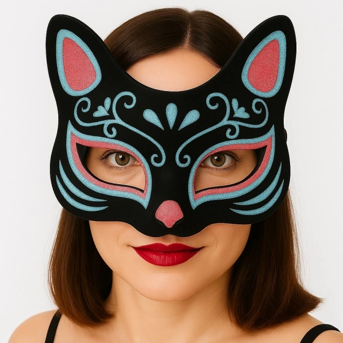 Siyah Renk Süet Kaplama Üzeri Mavi Kırmızı Simli Kedi Maskesi 17x14 cm