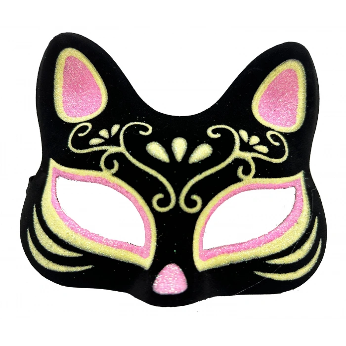 Siyah Renk Süet Kaplama Üzeri Pembe Sarı Simli Kedi Maskesi 17x14 cm (5324)