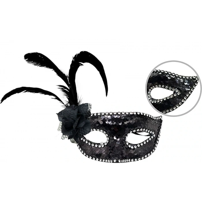 Siyah Yandan Tüylü Güllü Taşlı Pullu Maske