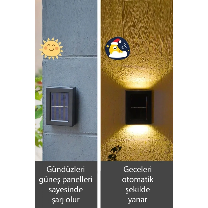 Solar Çift Taraflı Duvar Lambası Güneş Enerjili Aydınlatma Dekorasyon Aplik Işık 2 Li (5324)