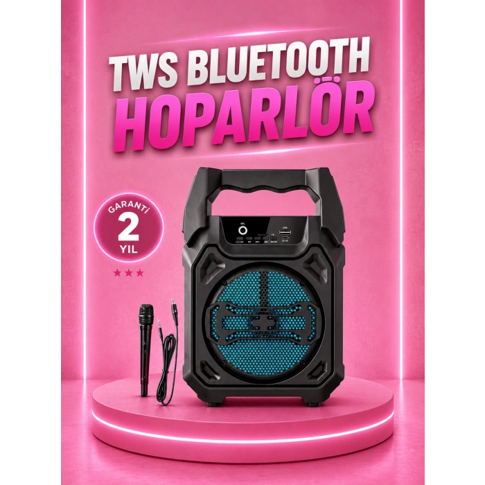 Taşınabilir 6.5” Bluetooth Hoparlör USB TF Kart Mikrofonlu Şarjlı Sistem