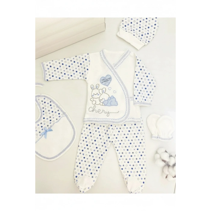 Tavşan Nakışlı Desenli Pamuklu Yenidoğan 5li Hastane Çıkışı Zıbın Seti