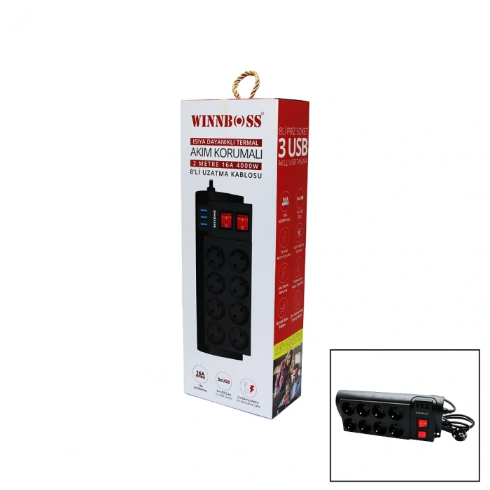 TERMAL AKIM KORUMALI 16A 8Lİ PRİZ 3XUSB 2MT ANAHTARLI UZATMA KABLO SİYAH (5324)