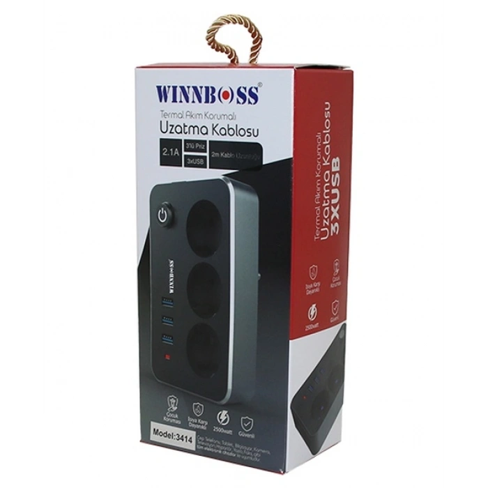 TERMAL AKIM KORUMALI 2.1A 3LÜ PRİZ 3XUSB 2MT ANAHTARLI UZATMA KABLO SİYAH (5324)