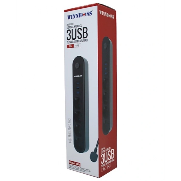 TERMAL AKIM KORUMALI 4LÜ PRİZ 3XUSB 2MT ANAHTARLI UZATMA KABLO SİYAH 10A - 2500W (5324)
