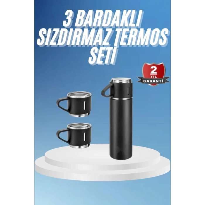 Termos Paslanmaz Çelik Termos Siyah Renk 3 Bardaklı Termos Seti