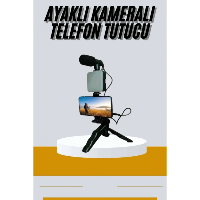 Tripod Telefon Tutucu Kumandalı Mikrofon Led Işık Vlog Video Kayıt