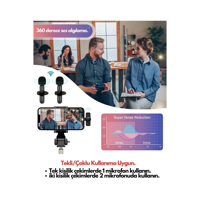 Type-C Çiftli Kablosuz Yaka Mikrofonu Seti - YouTube, TikTok, Vlog ve Canlı Yayınlar İçin Telefon Uyumlu Çift Mikrofon