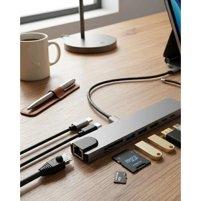 Type C Çoklu Port Hub 8 Port USB HDMI SD Kart Ethernet Adaptör