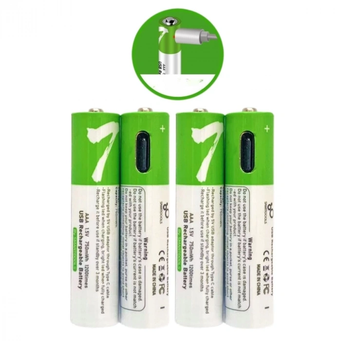 Type-C ile Şarjolabilen 4 lü AAA 1.5V Lityum İnce Şarjlı Kalem Pil 750 mAH Uzun Ömürlü