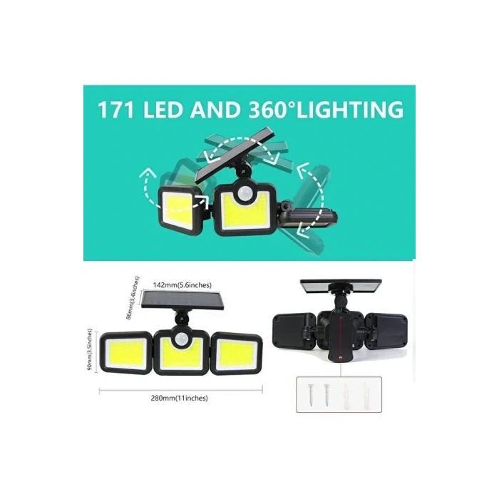 Üçlü Solar Led Projektör – Beyaz Işık – Sensörlü Dış Mekân Aydınlatma (5324)