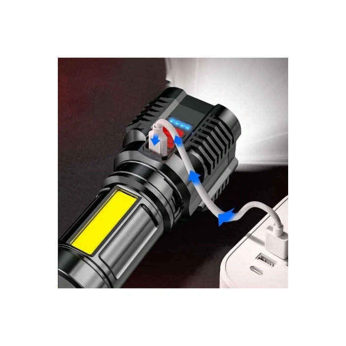 Ultra Parlak El Feneri Usb Şarj 4 Led+Yan Cob Led Taktik Günlük Hayat Kamp Avcılık El Feneri
