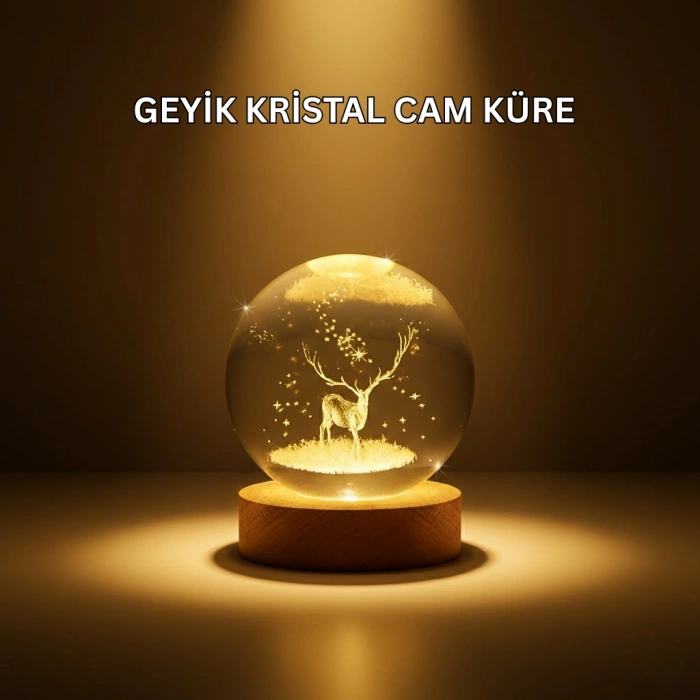 USB Bağlantılı Geyik Temalı Kristal Küre Premium Masa Gece Lambası