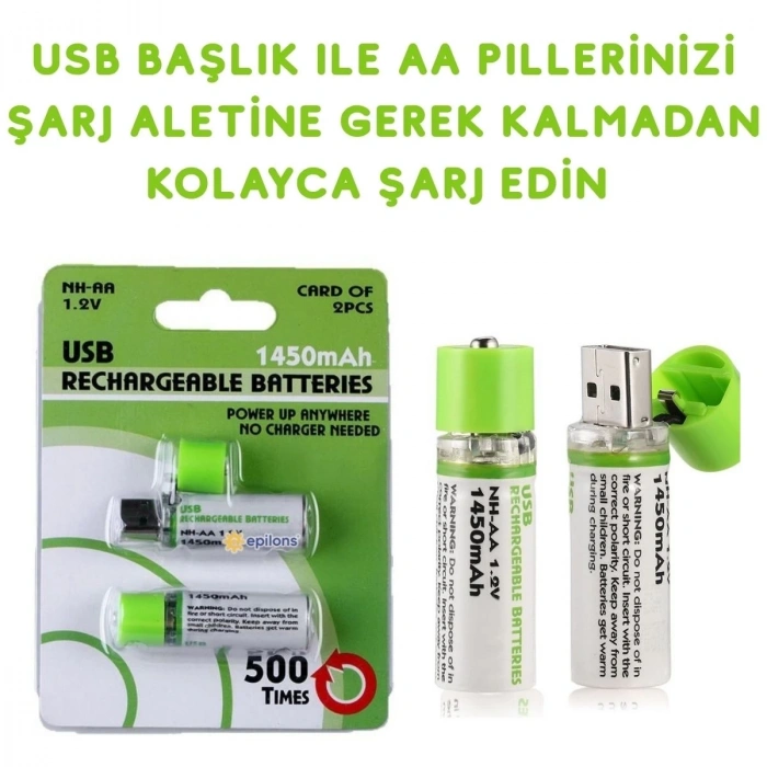 Usb ile Şarj Olabilen 2 li 1450 mah Lityum Kalın Şarjlı Kalem Pil