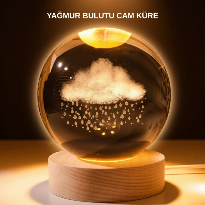 Usb Led 3d Yağmur Bulutu Kristal Küre Sıcak Işıklı Ahşap Standlı Gece Lambası