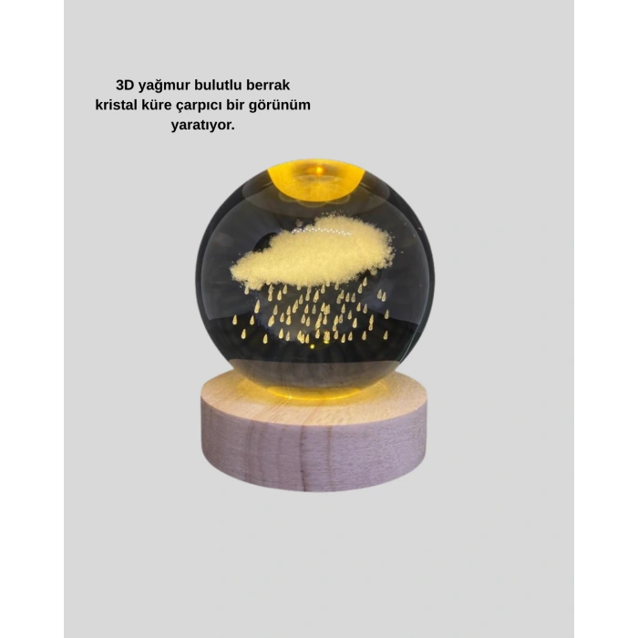 Usb Led 3d Yağmur Bulutu Kristal Küre Sıcak Işıklı Ahşap Standlı Gece Lambası