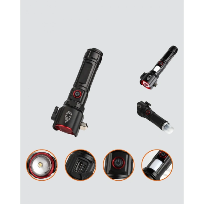 USB Şarjlı Çok Amaçlı El Feneri Çekiçli Pusulalı