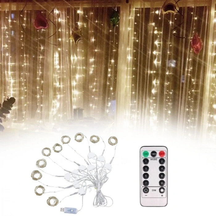Uzaktan Kumandalı LED Perdeye Takılabilen Kancalı Işık Usb 3x3 Metre Peri Perde LED (5324)