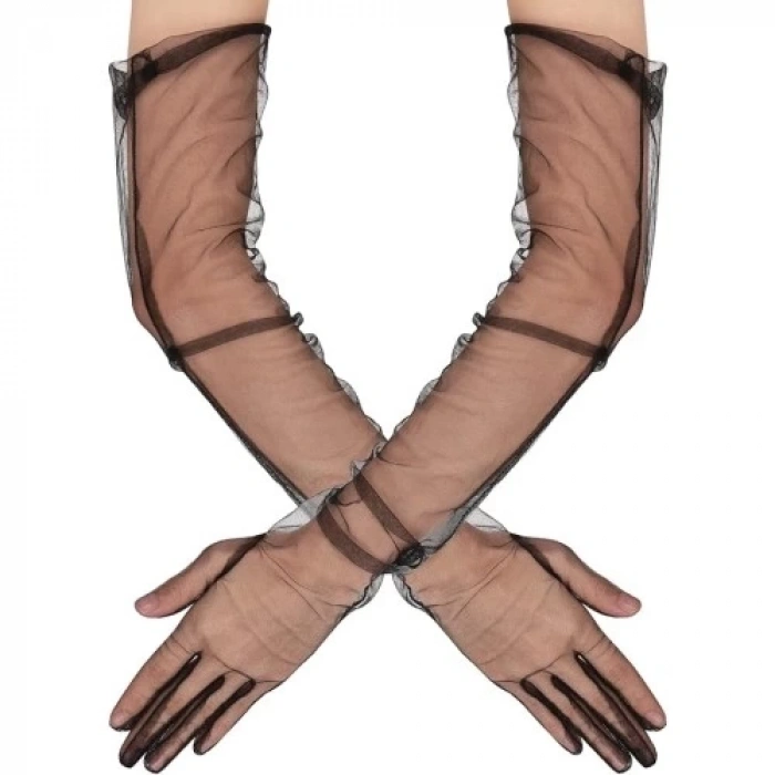 Uzun Boy Likralı Siyah Yetişkin Mega Tül Eldiven