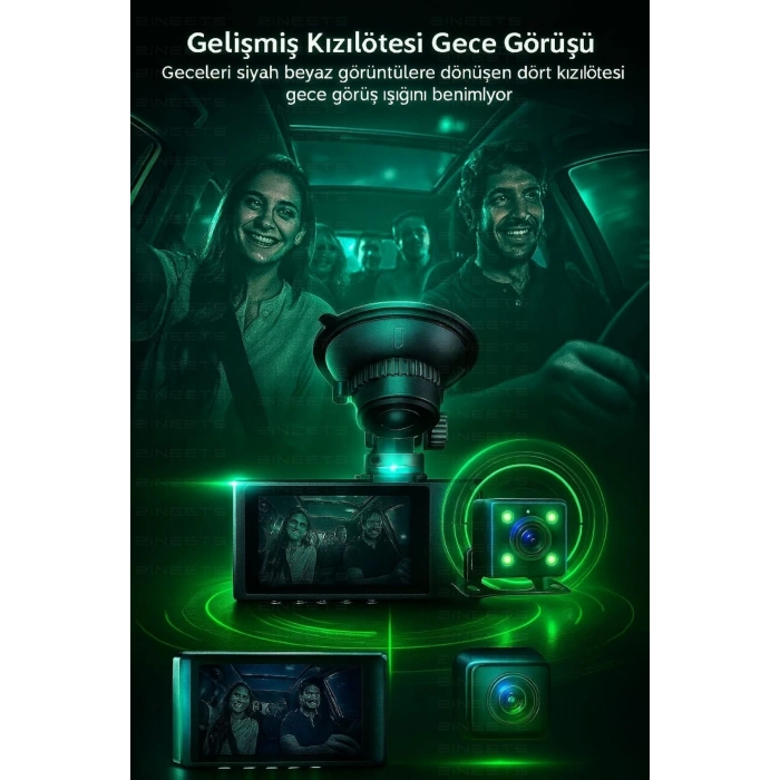 Wifi 1080p Araç içi 3 Kameralı Lcd Ekranlı Gece Görüşlü , G-sensör , Geri Görüş Kamera