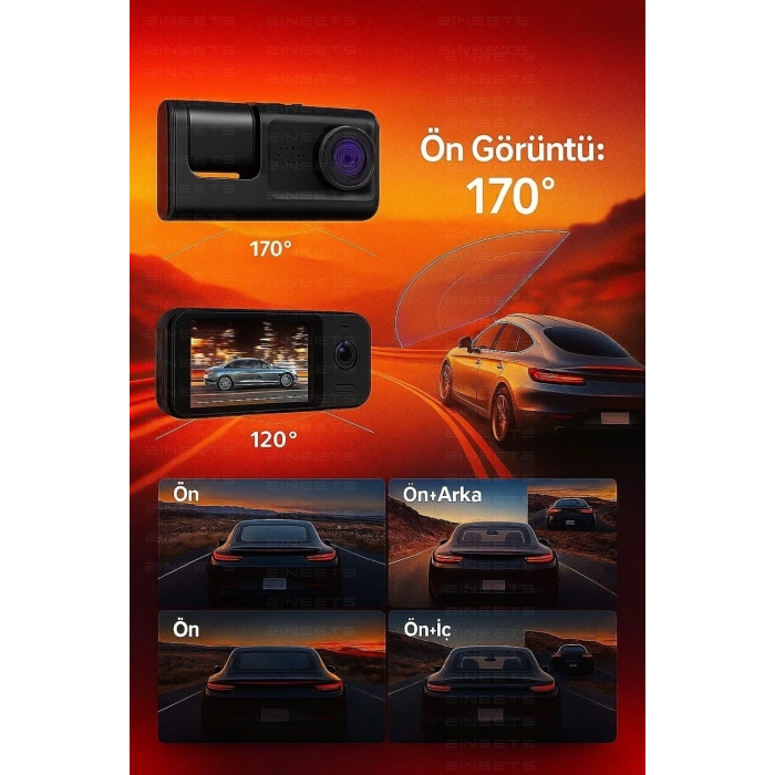 Wifi 1080p Araç içi 3 Kameralı Lcd Ekranlı Gece Görüşlü , G-sensör , Geri Görüş Kamera