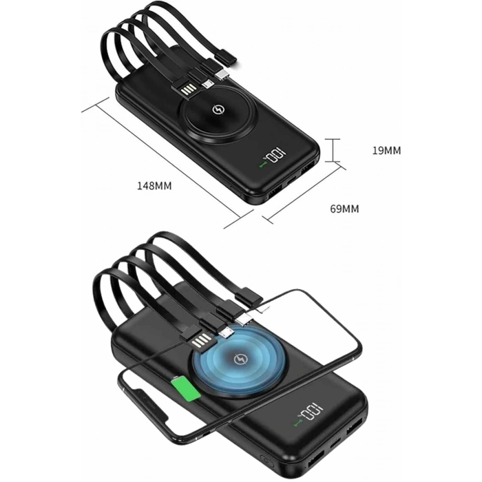 Wireless Powerbank 10000 Mah LED Ekranlı Dahili Kablolu Hızlı Şarj