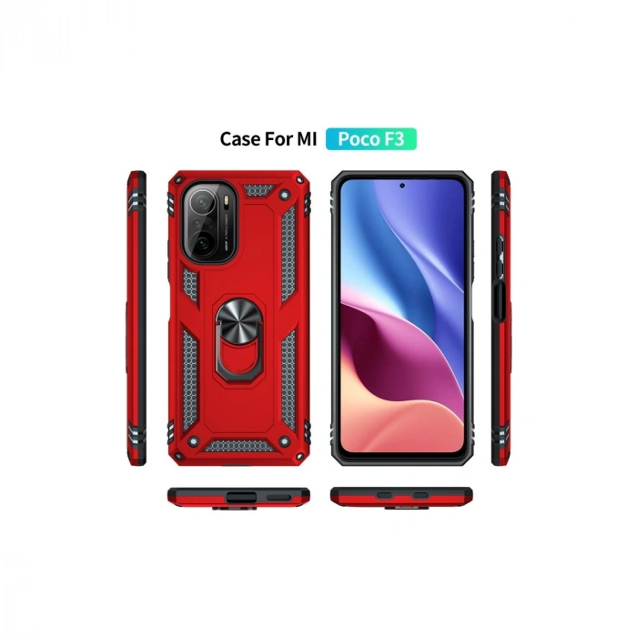 Xiaomi Poco F3 Kılıf Sofya Yüzüklü Silikon Kapak - Kırmızı