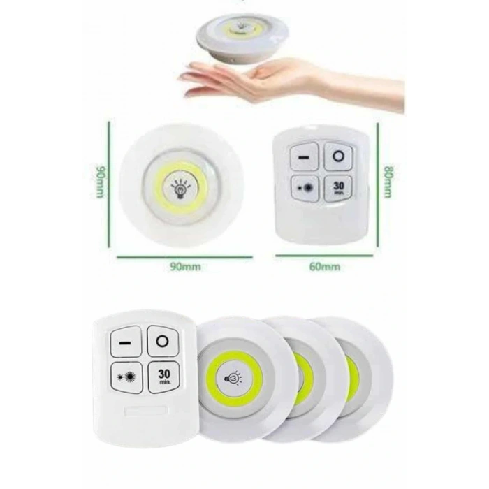 Yapışkanlı 3lü Spot Led Işık Lamba Montajsız Pilli Uzaktan Kumandalı