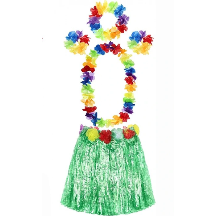 Yetişkin ve Çocuk Uyumlu Luau Aloha Hawaii Yeşil Etek ve Renkli Kolye Taç 2 Adet Bileklik Seti (5324)