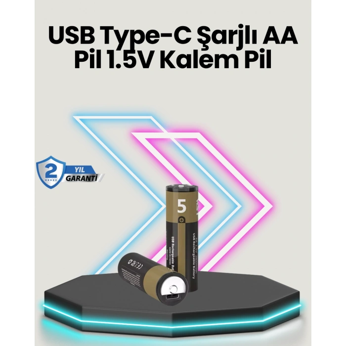 Yüksek Performanslı AA USB Şarjlı Lityum Pil | 1.5V Sabit Güç | 2’li Paket