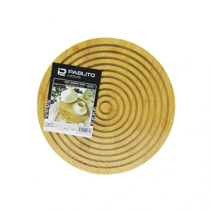 YUVARLAK ÇİFT TARAFLI=DÜZ - DALGALI OYUK KANALLI AHŞAP BAMBU SUNUM TEPSİ 28CM (5324)