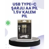 Type-C USB ile Hızlı Şarj Edilebilir AA Kalem Pil | 1.5V Lityum | Çiftli Paket