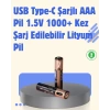 USB Type-C Şarjlı AAA Lityum Pil | 1.5V Sabit Voltaj, 1000+ Şarj Döngüsü ile Uzun Ömür