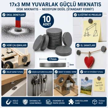 10 Adet Mıknatıs 17x3 Mm Yuvarlak Güçlü Mıknatıs Disk Mıknatıs