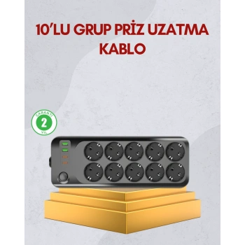 10 Prizli Uzatma Kablosu Termal Koruma USB Type-C Hızlı Şarj 2500W