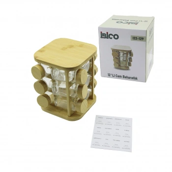 12PCS KARE DÖNER STANDLI CAM - BAMBU KAPAK TUZLUK - BAHARATLIK BAMBU STAND (5324)
