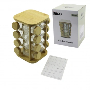 16PCS KARE - DÖNER STANDLI CAM - BAMBU KAPAK TUZLUK - BAHARATLIK BAMBU STAND (5324)