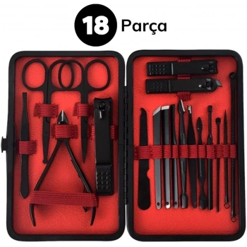 18 Parça Manikür Pedikür Set Kutusu Çelik Deri Çantalı Bakım Seti (5324)