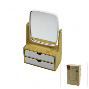2 ÇEKMECELİ BAMBU AHŞAP STANDLI=9X9.9X17.8X21.5CM MAKYAJ AYNASI=15X18CM TAKILIK 1+1 ORGANİZER (5324)