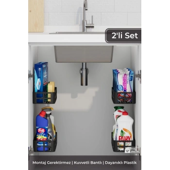 2li Yapışkanlı Evye Altı ve Dolap İçi Düzenleyici Organizer Raf Seti
