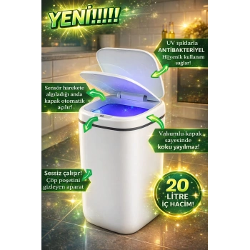 20L Akıllı Sensörlü Çöp Kovası UV Işık Koku Geçirmez Mutfak Banyo Wc Ofis