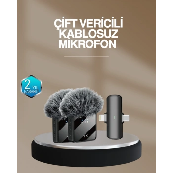 2’li Kablosuz Yaka Mikrofonu Type-C ve Lightning Uyumlu Profesyonel Set