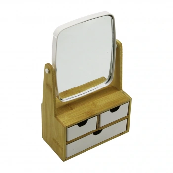 3 ÇEKMECELİ BAMBU AHŞAP STANDLI=9X9.5X18X21.5CM MAKYAJ AYNASI=15X18CM TAKILIK 2+1 ORGANİZER (5324)