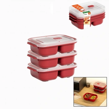 3 PCS KIRMIZI BÖLME DİKDÖRTGEN SAKLAMA KAB SET 1200ML (5324)